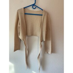 ROMWE Womens Cream Waffle Knit Balletcore Wrap Tie Crop Top Size S